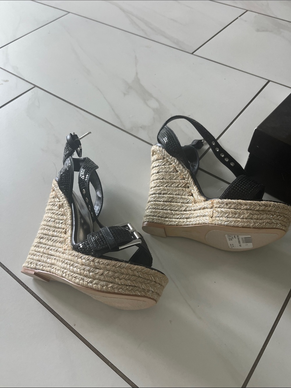 bebe Black Textured Espadrille Wedge Sandals with Buckle Straps - Picture 2 of 6